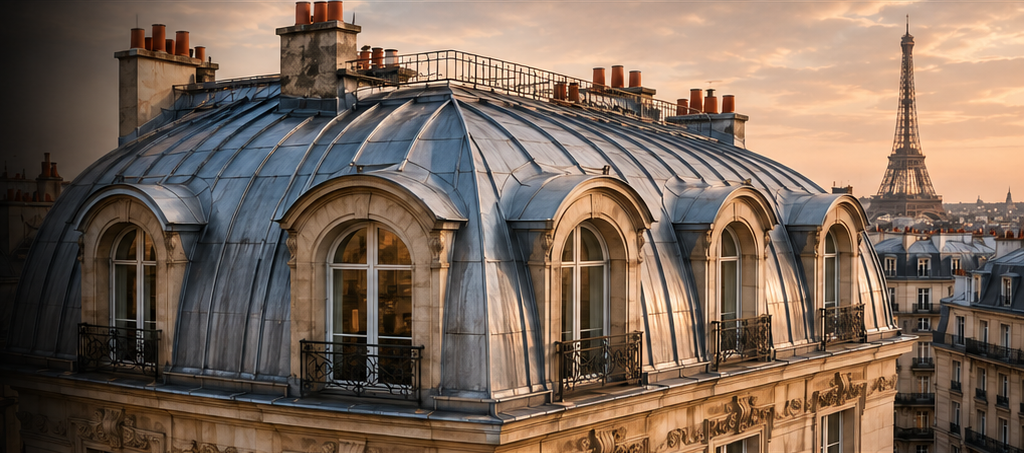 Toiture parisienne en zinc au coucher du soleil